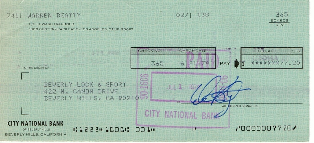 Warren Beatty Autographed Bank Check JSA Certified Authentic Signature: Warren Beatty Autographed Bank Check JSA Certified Authentic Signature This is an authentic autographed bank check signed by legendary actor Warren Beatty. The signature has been verified and authenti