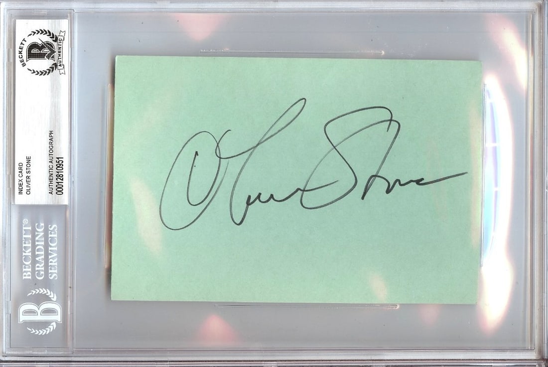 Oliver Stone Autographed 4X6 Index Card Beckett Certified: Oliver Stone Autographed 4X6 Index Card Beckett Certified This is an autographed 4X6 index card signed by the legendary director Oliver Stone, known for his impactful films. The signature has been aut