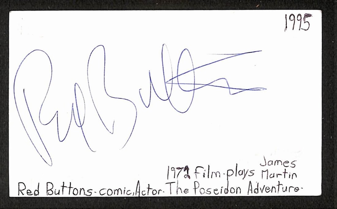 Red Buttons Hand Signed 3x5 Index Card with JSA Authentication: Red Buttons Hand Signed 3x5 Index Card with JSA Authentication This is an original 3x5 index card signed by actor Red Buttons. The autograph is authenticated by JSA (certification number BA205480). Th