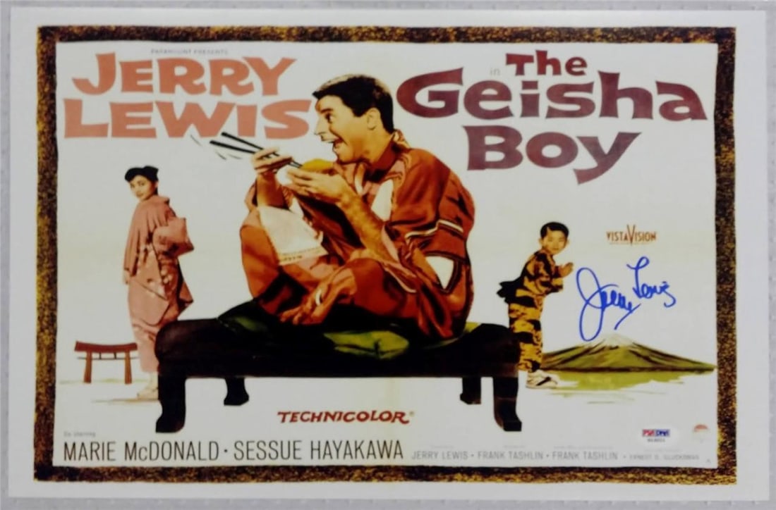 Jerry Lewis Autographed 11x17 The Geisha Boy Poster Photo with PSA DNA COA: Jerry Lewis Autographed 11x17 The Geisha Boy Poster Photo with PSA DNA COA This is an original 11x17 inch movie poster photograph for 'The Geisha Boy,' signed by Jerry Lewis. The autograph is authenti