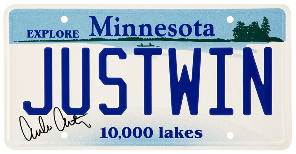 Mighty Ducks Minnesota License Plate Autographed by Emilio Estevez with COA: Mighty Ducks Minnesota License Plate Autographed by Emilio Estevez with COA This is an original Minnesota license plate featuring the phrase 'Just Win,' signed by Emilio Estevez in his role as Gordon 