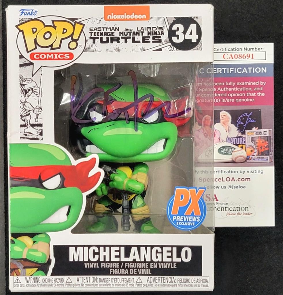 Kevin Eastman Signed Michelangelo TMNT Funko Pop! JSA Authenticated: Kevin Eastman Signed Michelangelo TMNT Funko Pop! JSA Authenticated This authentic Funko Pop! figure features Michelangelo from the Teenage Mutant Ninja Turtles, personally signed by acclaimed co-crea
