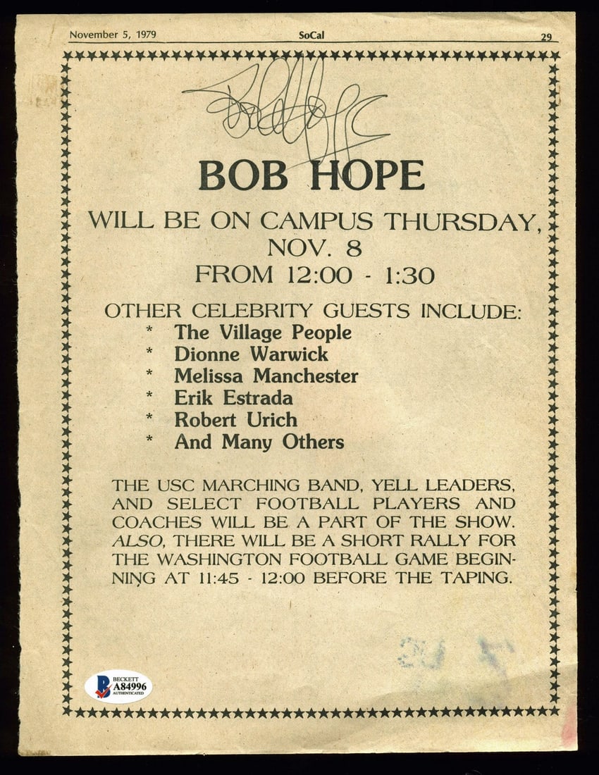 Bob Hope Signed USC Campus Visit Flyer BAS Certified 8.25x11 (1 of 3)