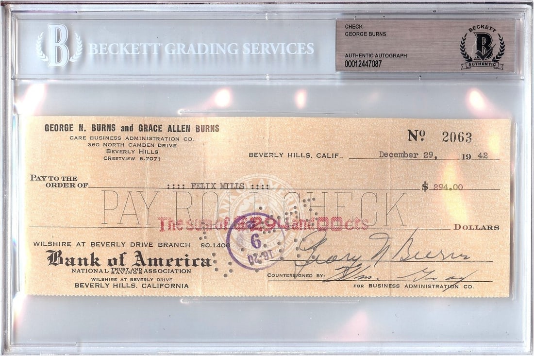 George Burns Original Signed Check with Beckett Authentication 1942: George Burns Original Signed Check with Beckett Authentication 1942 This item is a personal check signed by actor George Burns. The check is an original and has been authenticated by Beckett Authentic