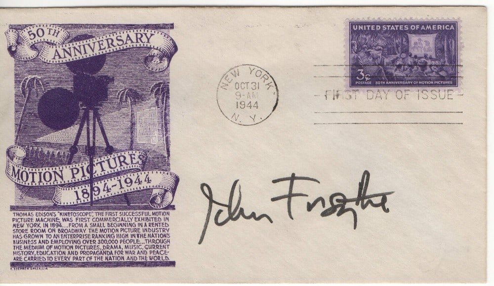 John Forsythe Signed First Day Cover Authenticated by JSA: John Forsythe Signed First Day Cover Authenticated by JSA This is an original First Day Cover card signed by Hollywood legend John Forsythe. The autograph is authenticated by James Spence Authenticati