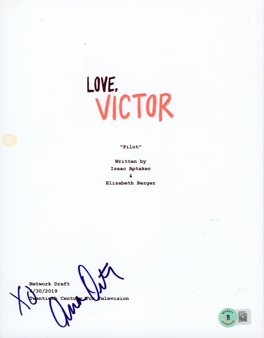 Ana Ortiz Signed Love Victor Script Cover with BAS Authentication: Ana Ortiz Signed Love Victor Script Cover with BAS Authentication This authentic script cover from the popular series Love, Victor features an inscription of "XO" and has been personally signed by Ana