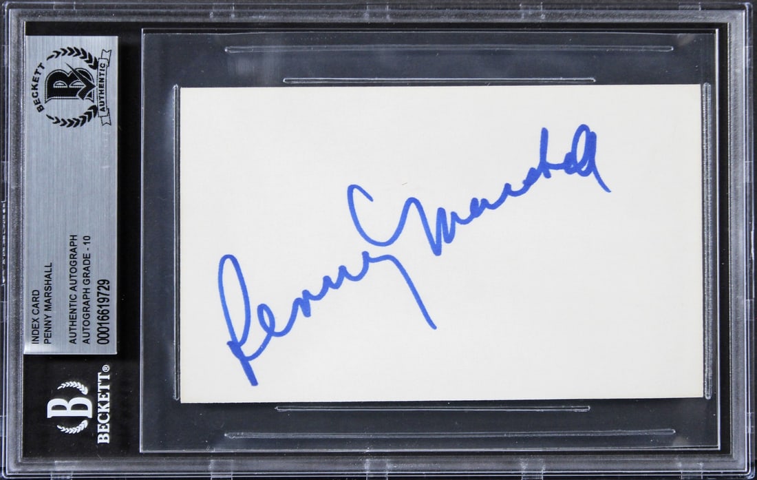 Penny Marshall Laverne & Shirley Signed 3x5 Index Card Gem Mint 10 Beckett Authenticated: Penny Marshall Laverne & Shirley Signed 3x5 Index Card Gem Mint 10 Beckett Authenticated This collectible features a 3x5 index card personally signed by Penny Marshall, renowned for her role in the cl