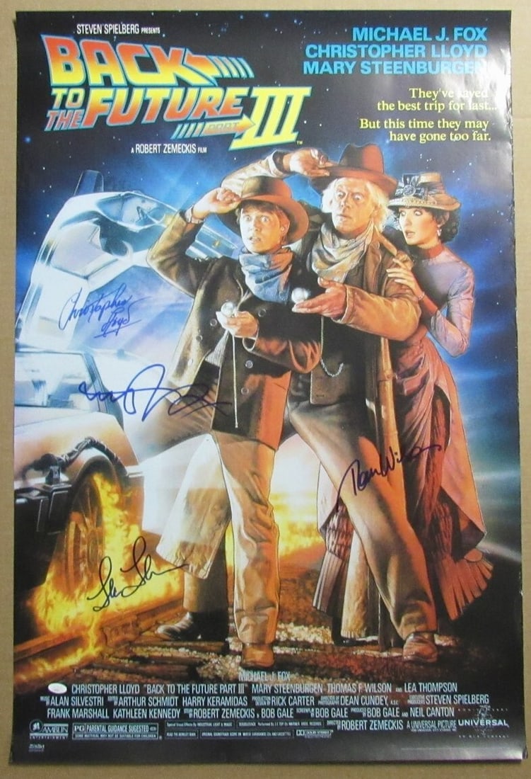 Back to the Future III Multi-Signed Poster by 4 Actors 27x40 JSA Authenticated: Back to the Future III Multi-Signed Poster by 4 Actors 27x40 JSA Authenticated Celebrate the classic film with this original "Back to the Future III" multi-signed movie poster, featuring the autograph