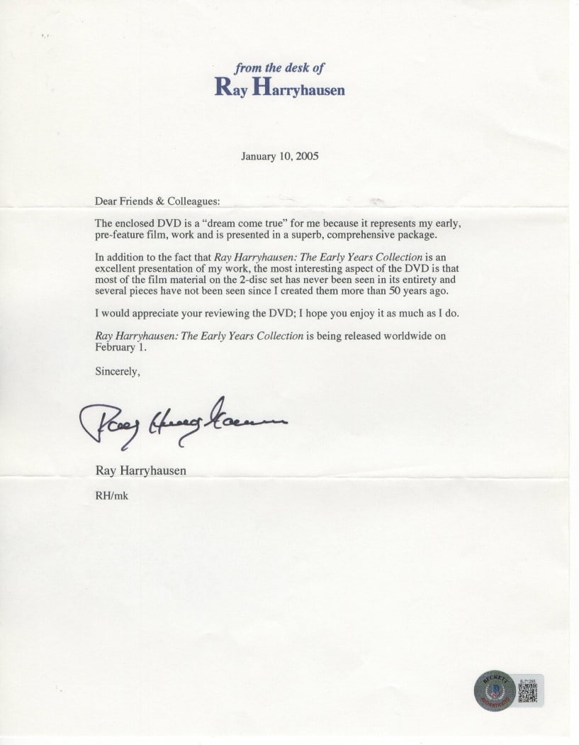 Ray Harryhausen Signed Letter with JSA Authentication: Ray Harryhausen Signed Letter with JSA Authentication This is an original autographed letter signed by Ray Harryhausen, the renowned special effects legend. The letter is authenticated by James Spence