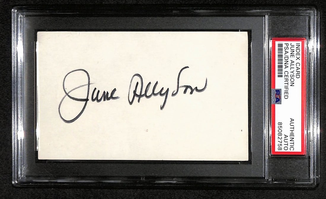 June Allyson Signed 3x5 Card Thou Swell Treat Me Rough PSA/DNA: June Allyson Signed 3x5 Card Thou Swell Treat Me Rough PSA/DNA This is an original signed 3x5 index card by June Allyson featuring the titles "Thou Swell & Treat Me Rough." The signature has been auth