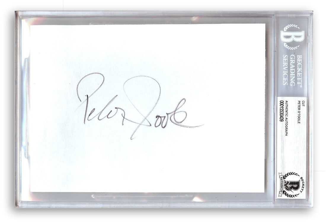 Beckett Authenticated Peter O'Toole Cut Signature From Lawrence of Arabia: Beckett Authenticated Peter O'Toole Cut Signature From Lawrence of Arabia This is an original cut signature autographed by Peter O'Toole, renowned for his role in "Lawrence of Arabia." The signature i