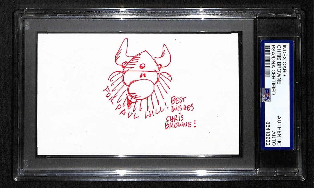 Chris Browne Hagar the Horrible Signed Index Card PSA Authenticated: Chris Browne Hagar the Horrible Signed Index Card PSA Authenticated This offering features a signed and inscribed index card by Chris Browne, the renowned cartoonist behind "Hagar the Horrible." The c
