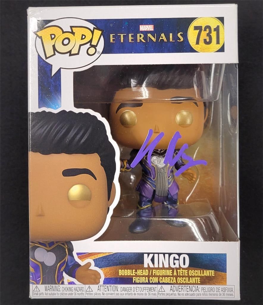 Kumail Nanjiani Signed Kingo Funko Pop Marvel Eternals Beckett Authenticated: Kumail Nanjiani Signed Kingo Funko Pop Marvel Eternals Beckett Authenticated This is an original Funko Pop! figure featuring Kingo from Marvel's Eternals, autographed by Kumail Nanjiani. The autograph