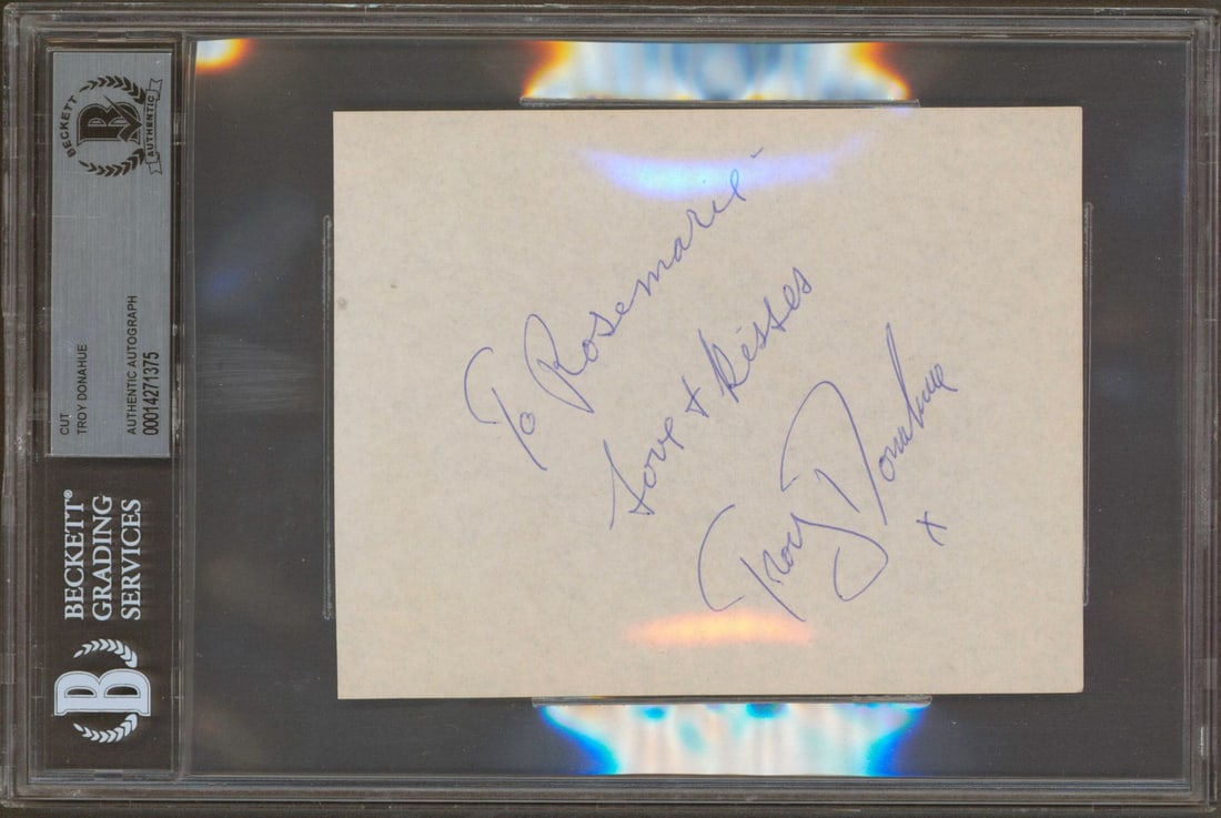 Troy Donahue Signed Inscribed Cut Signature Beckett Authenticated A Summer Place: Troy Donahue Signed Inscribed Cut Signature Beckett Authenticated A Summer Place This is an original 4.5 x 5.5 inch cut signature personally signed by Troy Donahue, featuring the inscription "To Rosem