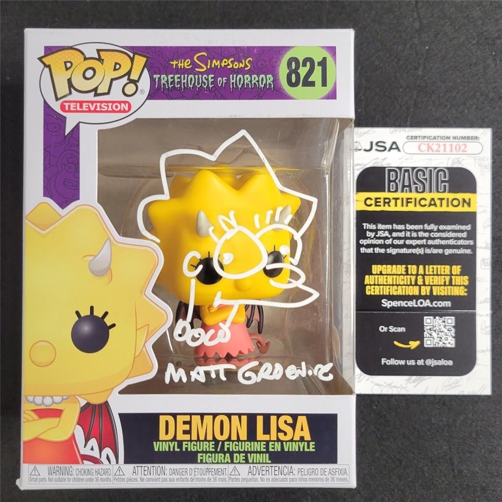 Matt Groening Signed Demon Lisa Funko Pop! 821 Autographed JSA: Matt Groening Signed Demon Lisa Funko Pop! 821 Autographed JSA Celebrate your love for The Simpsons with this unique Funko Pop! sketch of Demon Lisa, signed by the iconic creator, Matt Groening. This 