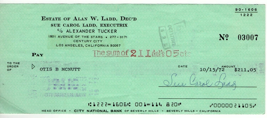Sue Carol Ladd Signed Bank Check Authenticated by JSA (1 of 3)