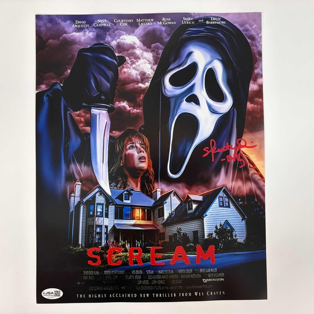 Skeet Ulrich Signed Scream Billy 11x14 Poster Photo With JSA Authentication: Skeet Ulrich Signed Scream Billy 11x14 Poster Photo With JSA Authentication This is an autographed 11x14 movie poster photo from the film "Scream," signed by Skeet Ulrich as the character Billy. The a