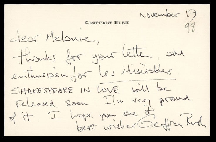 Geoffrey Rush Signed 4.5x7 Note Pirates Of The Caribbean BAS Authenticated: Geoffrey Rush Signed 4.5x7 Note Pirates Of The Caribbean BAS Authenticated This is an authentic signed note measuring 4.5x7 inches, personally signed by Geoffrey Rush, renowned for his role in the Pir