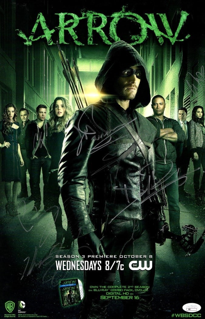 Arrow Cast Autographed 11X17 Poster 7 Signatures JSA Certified: Arrow Cast Autographed 11X17 Poster 7 Signatures JSA Certified Celebrate your love for the Arrow series with this stunning autographed 11X17 poster featuring seven cast members. This original poster s