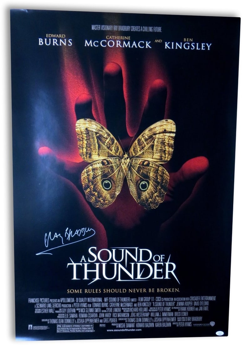 27x40 Sound of Thunder Poster Signed by Ray Bradbury JSA Authenticated: 27x40 Sound of Thunder Poster Signed by Ray Bradbury JSA Authenticated This is an original 27x40 inch movie poster for "A Sound of Thunder," hand-signed by Ray Bradbury. The autograph has been authent