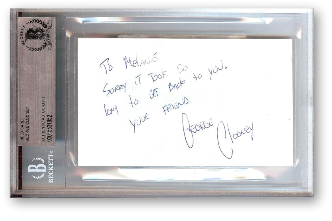 George Clooney Signed Index Card Beckett Authenticated Slab: George Clooney Signed Index Card Beckett Authenticated Slab This is an autographed index card signed by George Clooney, known for his roles in Facts of Life, ER, and Oceans 11. The signature is authen