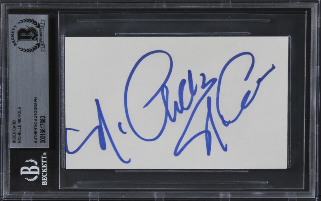 Nichelle Nichols Star Trek Signed 3x5 Index Card Beckett Authenticated: Nichelle Nichols Star Trek Signed 3x5 Index Card Beckett Authenticated This authentic 3x5 index card features the signature of Nichelle Nichols, renowned for her role in Star Trek. The item is slabbed