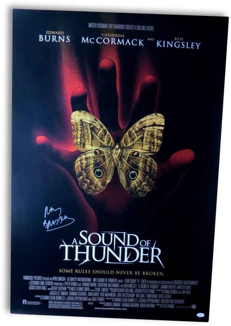 Ray Bradbury Hand Signed 27x40 Sound of Thunder Poster JSA Authenticated: Ray Bradbury Hand Signed 27x40 Sound of Thunder Poster JSA Authenticated This is an original 27x40 inch movie poster for "Sound of Thunder," personally signed by Ray Bradbury. The autograph has been a