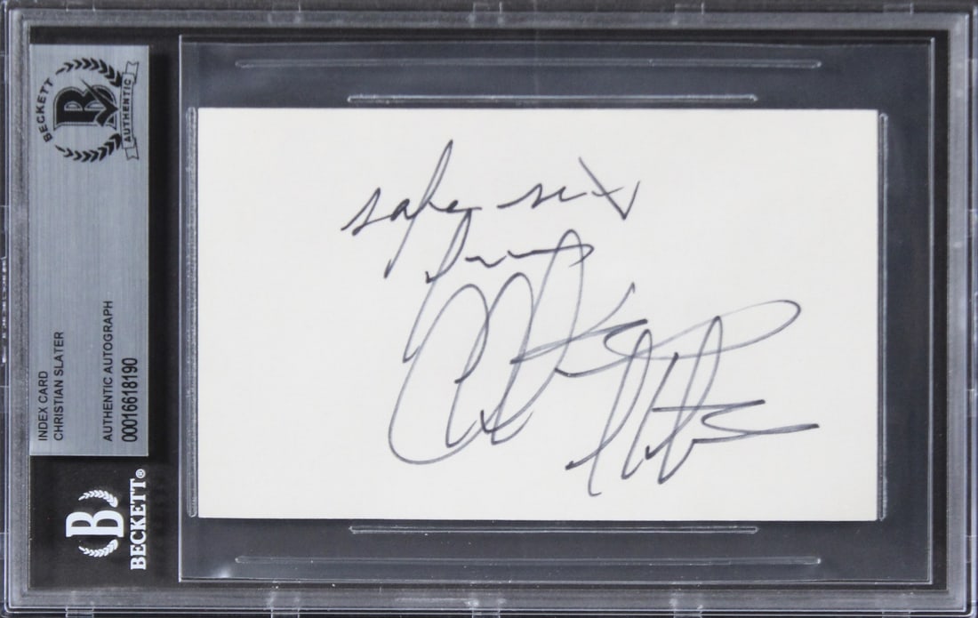 Christian Slater Signed 3x5 Index Card Beckett Authenticated Heathers Slabbed: Christian Slater Signed 3x5 Index Card Beckett Authenticated Heathers Slabbed This 3x5 index card has been personally signed by Christian Slater, known for his role in the film Heathers. The autograph
