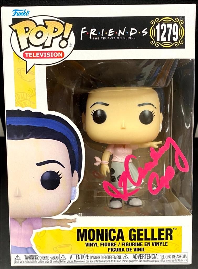 Autographed Friends Monica Geller Funko Pop by Courteney Cox Beckett Authenticated: Autographed Friends Monica Geller Funko Pop by Courteney Cox Beckett Authenticated This original Funko Pop! collectible features Monica Geller from the television show Friends and is hand-signed by Co