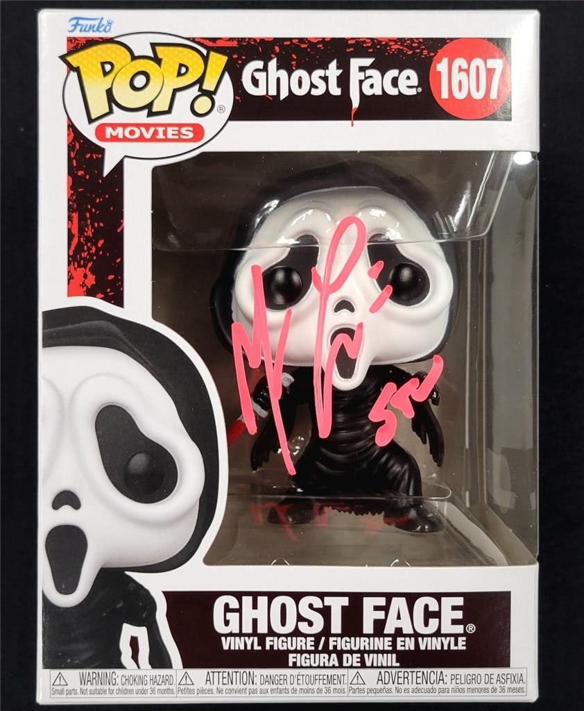 Scream Ghost Face Funko Pop 1607 GITD Signed by Matthew Lillard Beckett Authenticated: Scream Ghost Face Funko Pop 1607 GITD Signed by Matthew Lillard Beckett Authenticated This is an original Funko Pop! figure of Ghost Face, character "Stu" from the movie Scream, signed by Matthew Lill