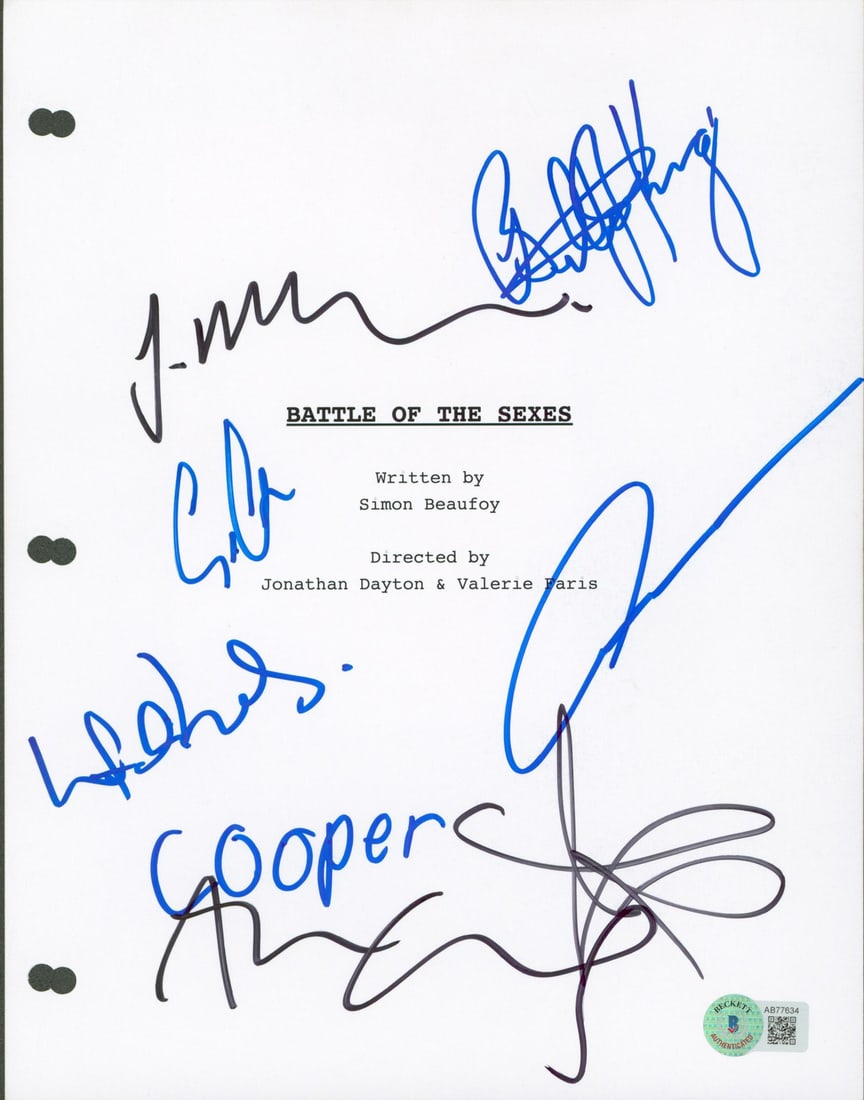 Battle Of The Sexes Signed Script Cover With Eight Autographs Beckett COA: Battle Of The Sexes Signed Script Cover With Eight Autographs Beckett COA This is an original 8.5x11 script cover from the film "Battle Of The Sexes," personally signed by Andrea Riseborough, Billie J
