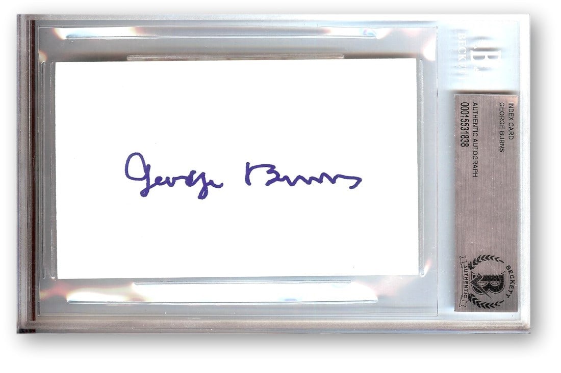 Index Card Signed by George Burns Beckett Authenticated Hollywood Icon: Index Card Signed by George Burns Beckett Authenticated Hollywood Icon This is an original index card autographed by Hollywood TV and movie legend George Burns. The card comes authenticated by Beckett