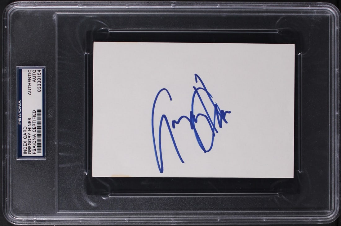 PSA DNA slabbed Gregory Hines signed 4x6 index card: PSA DNA slabbed Gregory Hines signed 4x6 index card This 4x6 index card has been personally signed by Gregory Hines from "History of the World: Part I." The autograph is authenticated and slabbed by P