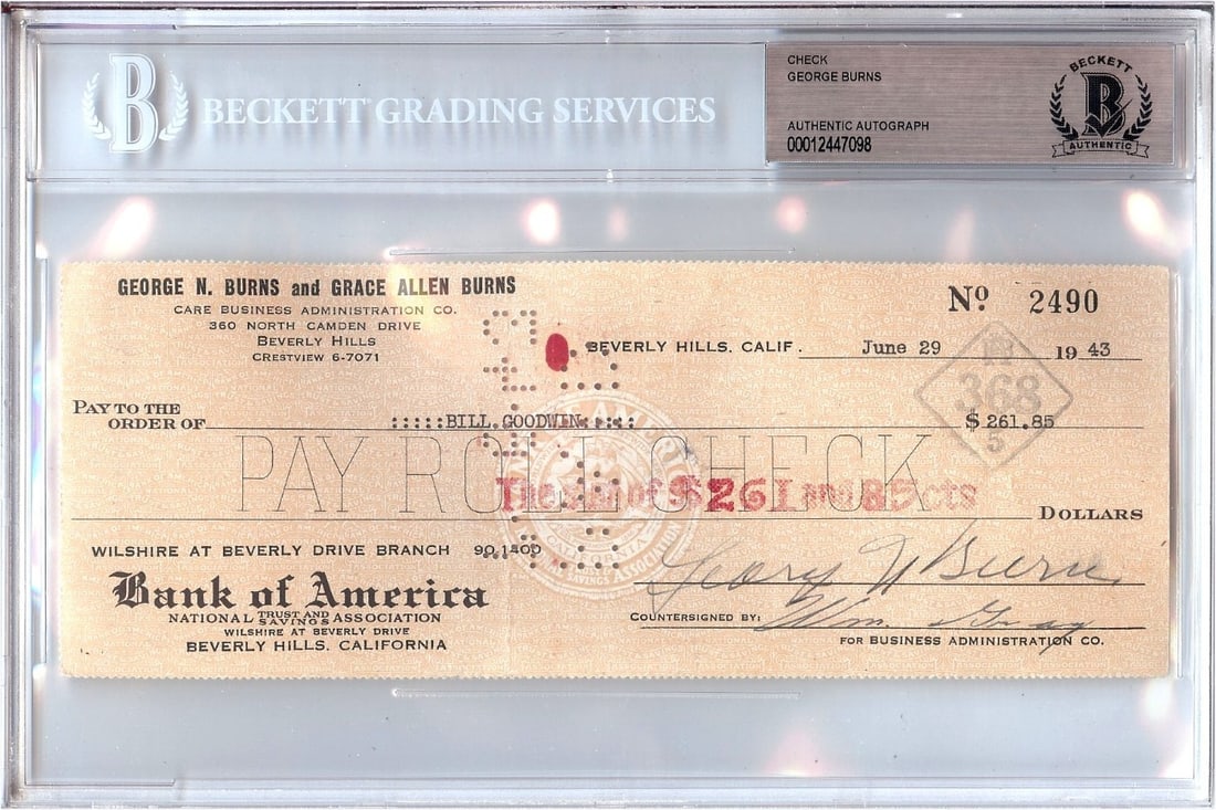1943 George Burns Original Signed Check With Beckett Authentication: 1943 George Burns Original Signed Check With Beckett Authentication This is an original personal check signed by actor George Burns. The autograph has been authenticated by Beckett Authentication. The