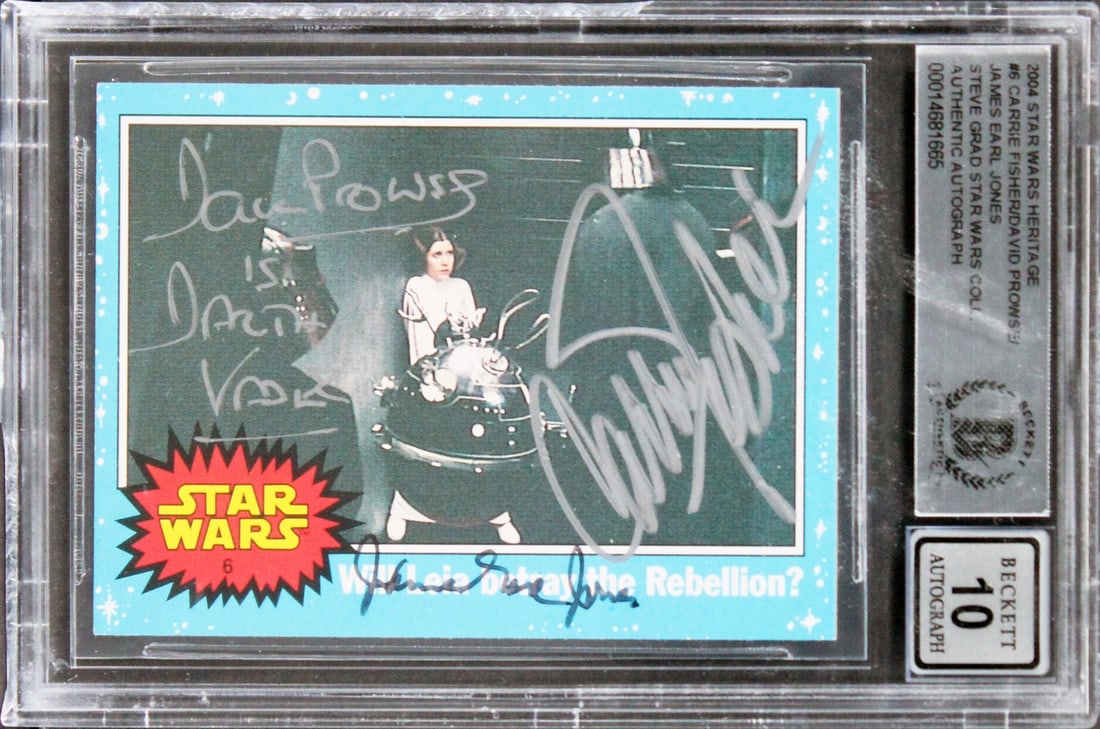 Star Wars Signed Card by Fisher Prowse Jones Beckett Authenticated: Star Wars Signed Card by Fisher Prowse Jones Beckett Authenticated This autographed 2004 Star Wars Heritage #6 card features the signatures of iconic actors Carrie Fisher, David Prowse, and James Earl