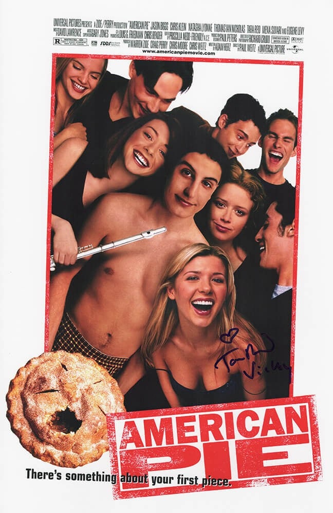 Tara Reid Signed American Pie Poster 11x17 with Vicky Inscription: Tara Reid Signed American Pie Poster 11x17 with Vicky Inscription This original 11x17 movie poster features Tara Reid's signature along with an inscription of her character name 'Vicky' from American 