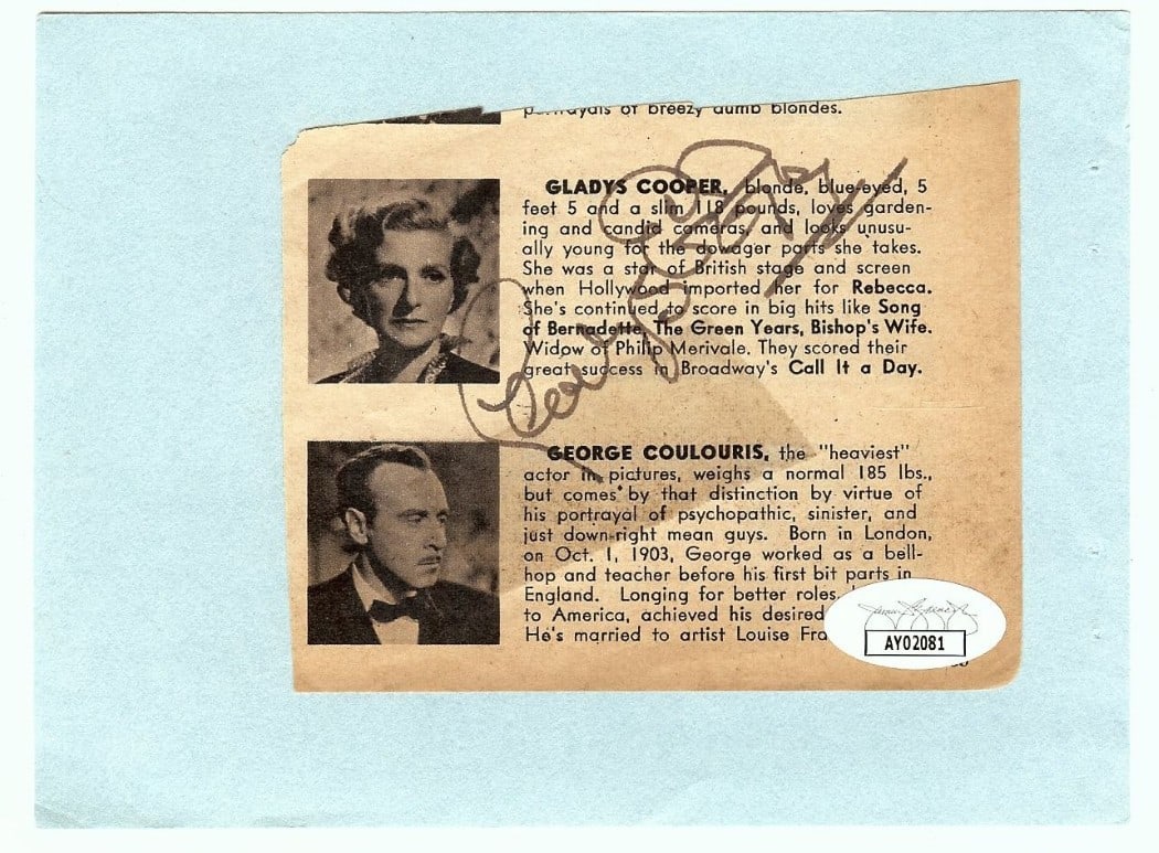 Gladys Cooper Signed Cut Signature Authenticated by JSA Mounted on Paper: Gladys Cooper Signed Cut Signature Authenticated by JSA Mounted on Paper This is an original autographed cut signature of Gladys Cooper, mounted on paper and authenticated by James Spence (JSA). The s