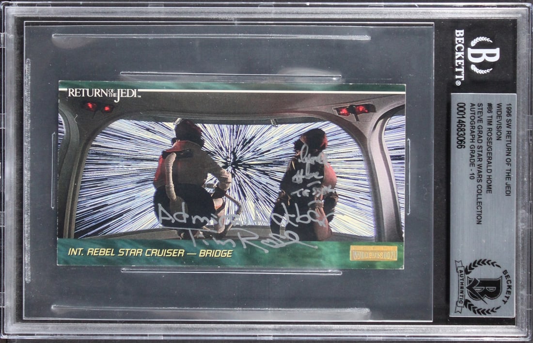 Tim Rose Gerald Home Dual Signed 1996 Star Wars ROTJ Card BAS Gem Mint 10: Tim Rose Gerald Home Dual Signed 1996 Star Wars ROTJ Card BAS Gem Mint 10 This is an original 1996 Star Wars Return of the Jedi Widevision #86 trading card, personally signed by Tim Rose and Gerald Ho