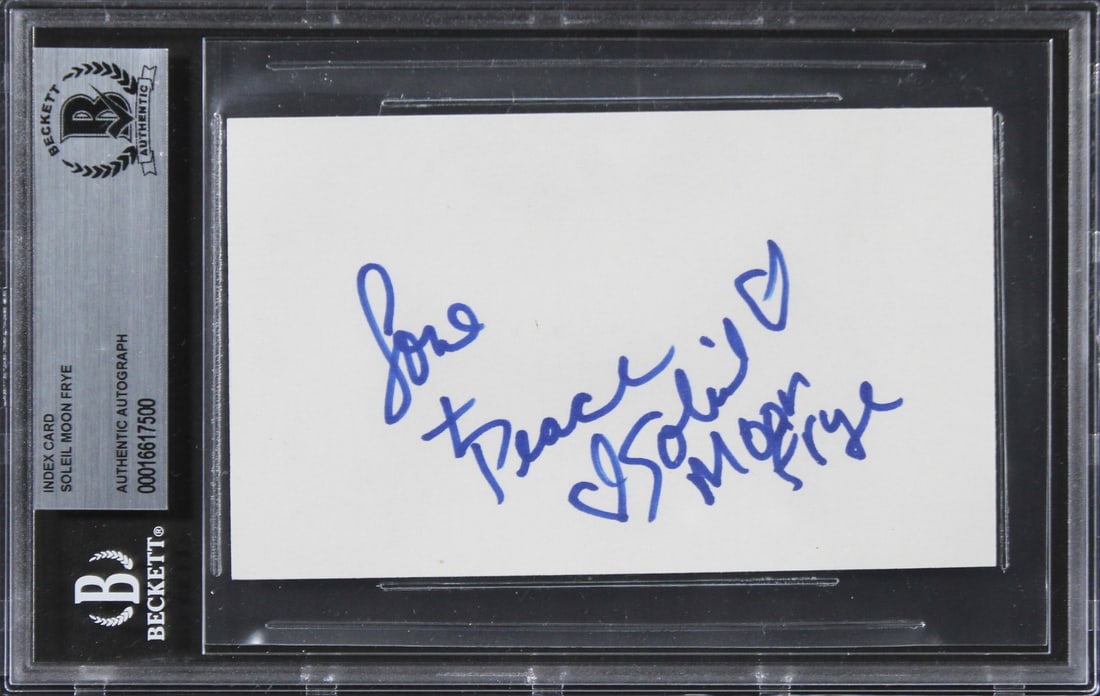 Soleil Moon Frye Punky Brewster Signed 3x5 Index Card Love & Peace BAS Authenticated: Soleil Moon Frye Punky Brewster Signed 3x5 Index Card Love & Peace BAS Authenticated This autographed 3x5 index card features the inscription "Love & Peace" and is personally signed by Soleil Moon Fry
