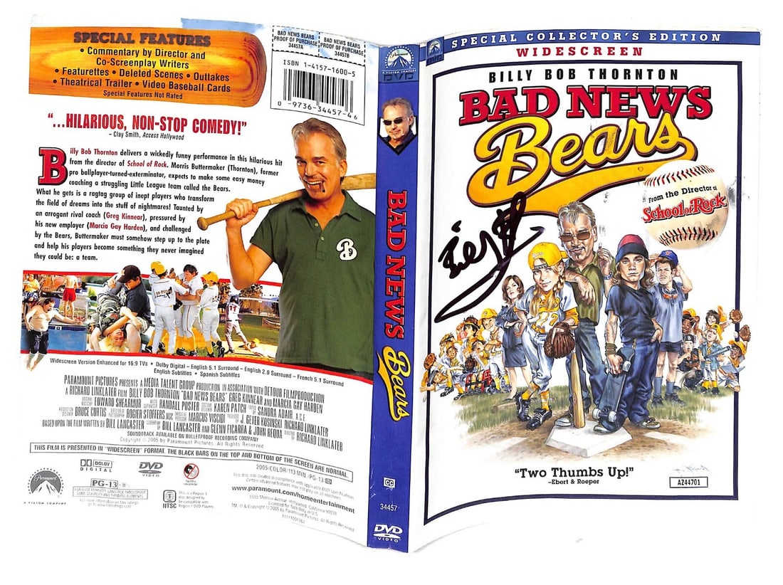 Billy Bob Thorton Signed Bad News Bears DVD Cover JSA: Billy Bob Thorton Signed Bad News Bears DVD Cover JSA This original DVD cover of the classic film 'Bad News Bears' is autographed by the talented Billy Bob Thorton. It comes with a James Spence Authen