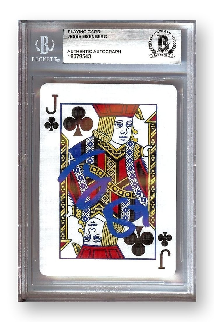 Jack of Clubs Playing Card Signed by Jesse Eisenberg Beckett Authenticated: Jack of Clubs Playing Card Signed by Jesse Eisenberg Beckett Authenticated This is an original playing card autographed by Jesse Eisenberg, who starred in the film "Now You See Me." The card is the Ja