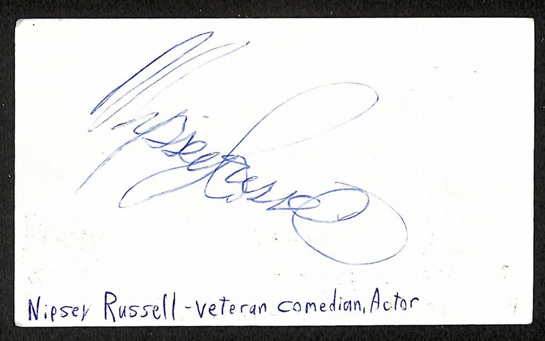 Signed Nipsey Russell 3x5 Index Card JSA BA209501: Signed Nipsey Russell 3x5 Index Card JSA BA209501 This is an original 3x5 index card autographed by Nipsey Russell, associated with Match Game. The item has been authenticated by JSA (certification nu