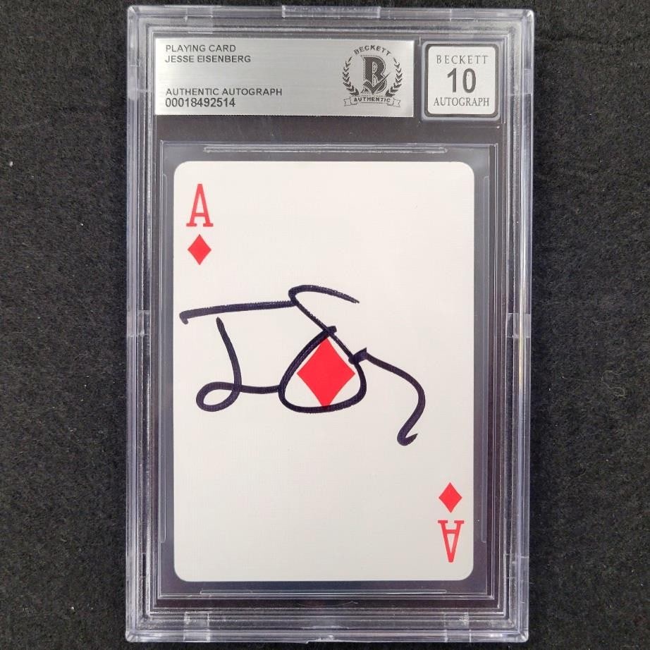 Jesse Eisenberg Signed Ace of Diamonds Now You See Me Beckett Authenticated: Jesse Eisenberg Signed Ace of Diamonds Now You See Me Beckett Authenticated This is a Jesse Eisenberg signed Ace of Diamonds playing card from the movie "Now You See Me". The autograph is authenticate