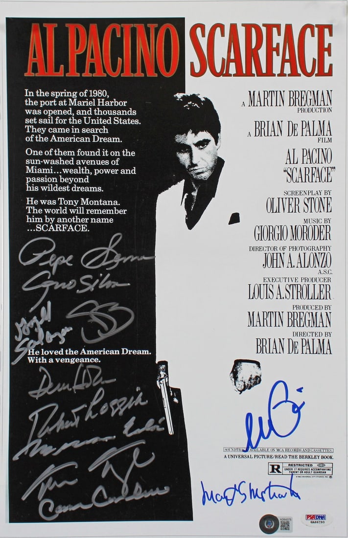 Scarface Signed 12x18 Mini Movie Poster Photo with 11 Autographs Beckett COA: Scarface Signed 12x18 Mini Movie Poster Photo with 11 Autographs Beckett COA This captivating mini movie poster photo measures 12x18 inches and has been personally signed by an impressive cast of Scar