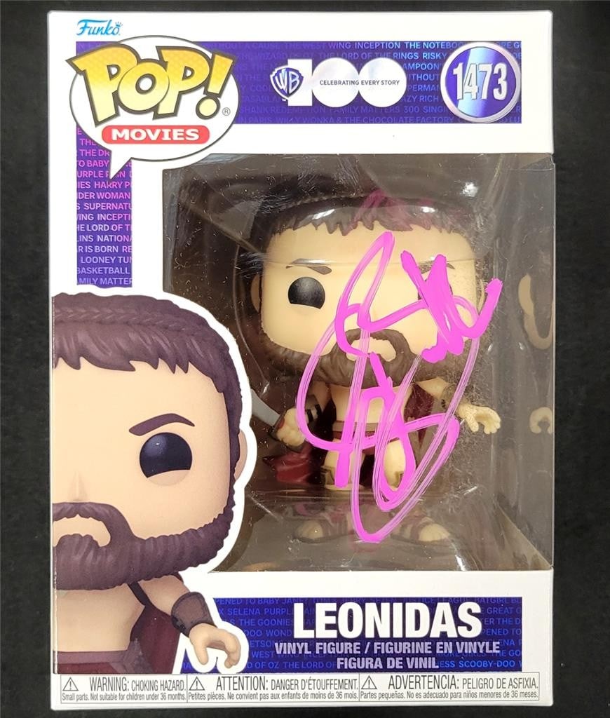 Leonidas Funko Pop 1473 signed by Gerard Butler with Beckett certificate: Leonidas Funko Pop 1473 signed by Gerard Butler with Beckett certificate This is an original Funko Pop! figure of Leonidas from the movie 300, signed by Gerard Butler. The autograph is authenticated b