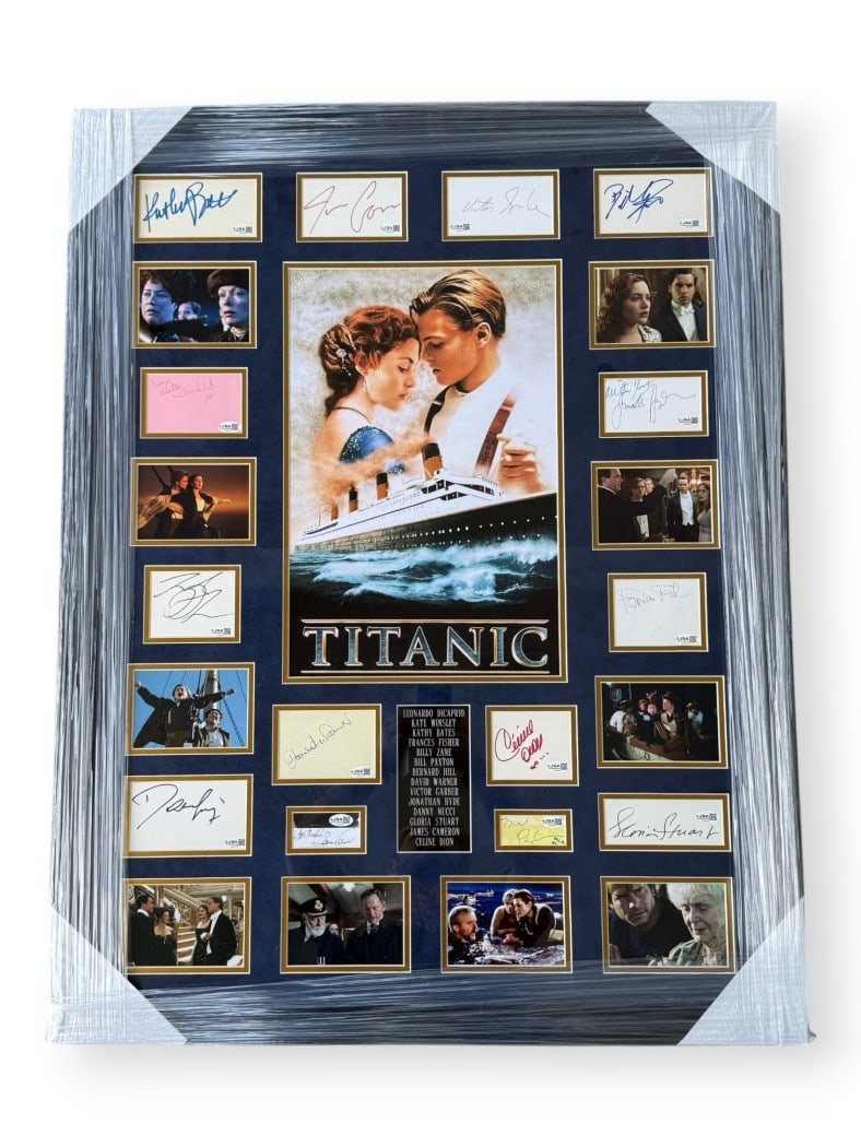 Titanic Cast Autographed Display With JSA COA Featuring DiCaprio Winslet Bates Zane: Titanic Cast Autographed Display With JSA COA Featuring DiCaprio Winslet Bates Zane This framed collection features original autographs from the cast and key contributors of the film Titanic. The auto