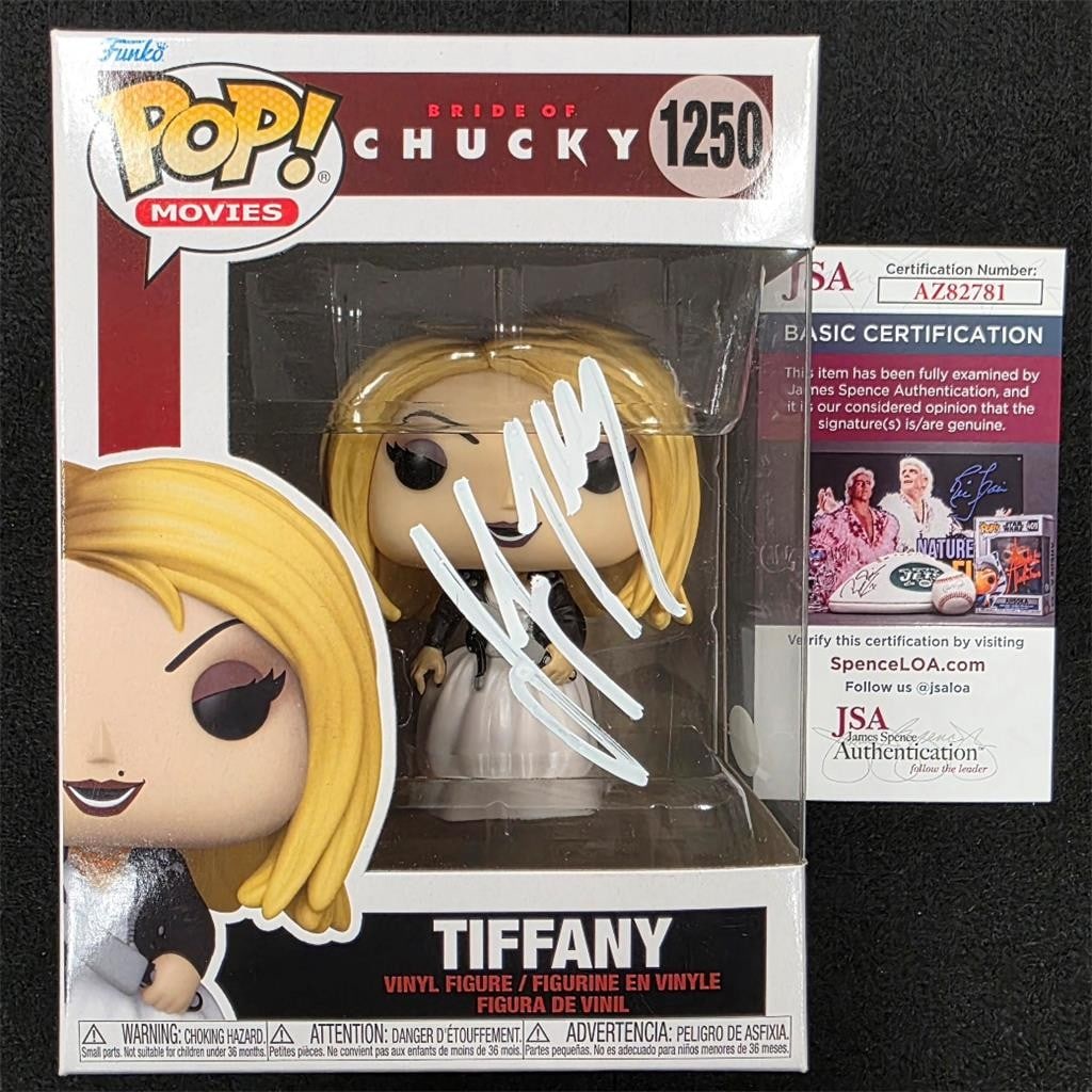 Bride of Chucky Tiffany Funko Pop signed by Jennifer Tilly with JSA authentication: Bride of Chucky Tiffany Funko Pop signed by Jennifer Tilly with JSA authentication This is an original Bride of Chucky Tiffany Funko Pop figure, number 1250, signed by Jennifer Tilly in white ink. The