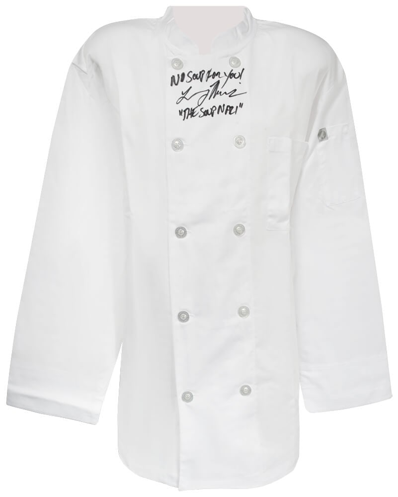 Signed Larry Thomas Chef Works Jacket Soup Nazi Inscription COA: Signed Larry Thomas Chef Works Jacket Soup Nazi Inscription COA This pre-owned Chef Works white chef jacket is hand-signed by Larry Thomas, known for his role as 'The Soup Nazi.' The jacket features t