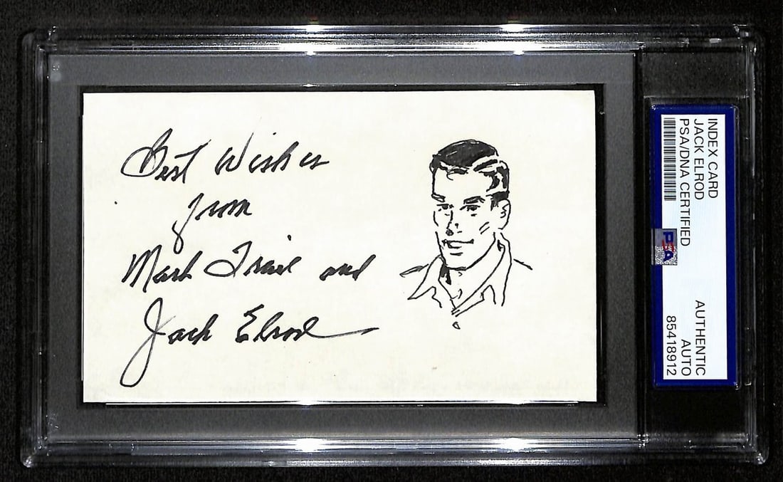 Jack Elrod Signed 3x5 Index Card Mark Trail PSA/DNA Authenticated: Jack Elrod Signed 3x5 Index Card Mark Trail PSA/DNA Authenticated This offering features a signed and inscribed 3x5 index card by renowned cartoonist Jack Elrod, famous for his work on the "Mark Trail