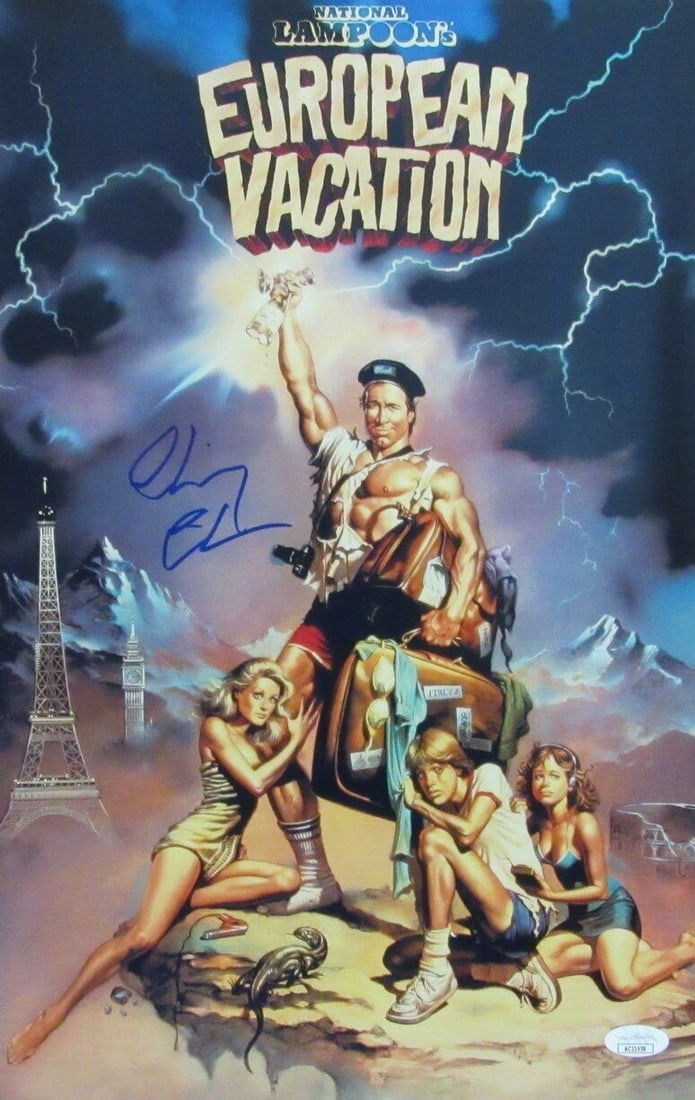 Chevy Chase Signed 11x17 European Vacation Movie Poster JSA Authenticated: Chevy Chase Signed 11x17 European Vacation Movie Poster JSA Authenticated This is a Chevy Chase autographed 11x17 movie poster for the classic film "European Vacation." The autograph is authenticated 